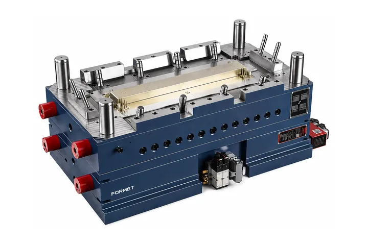 Large injection mold with slides, angled pins and cooling connectors