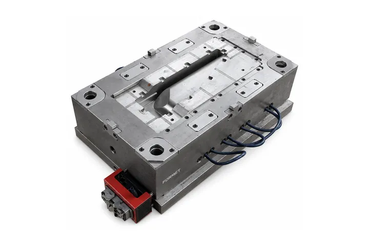 Steel injection mold with a long curved cavity and blue cooling hoses