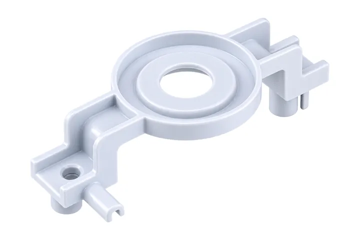 White molded plastic bracket with a round seat and mounting pins