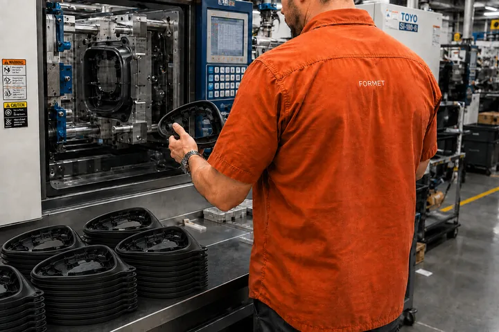 Injection molding operator inspecting molded plastic parts