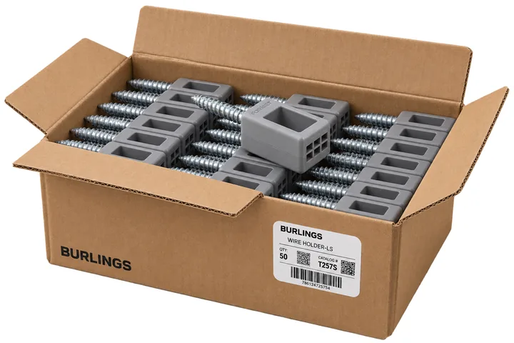 Carton of gray wire holders with lag screws packed for shipment