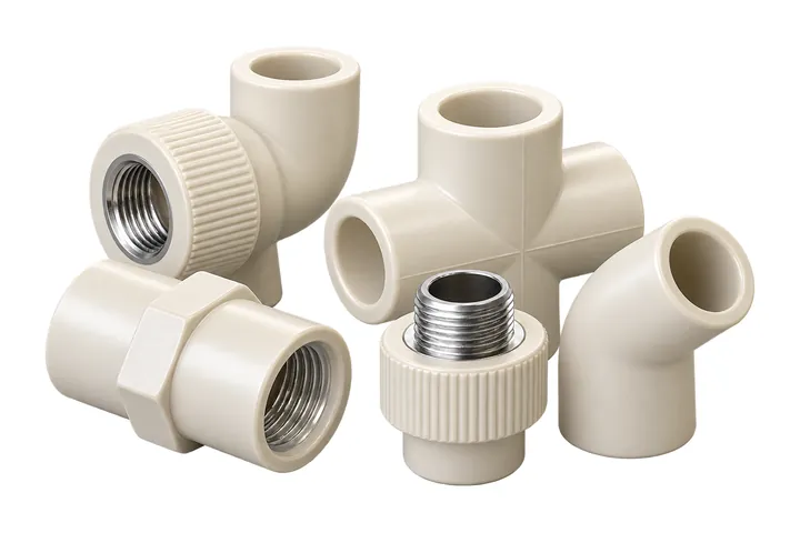 Beige plastic pipe fittings with threaded metal inserts