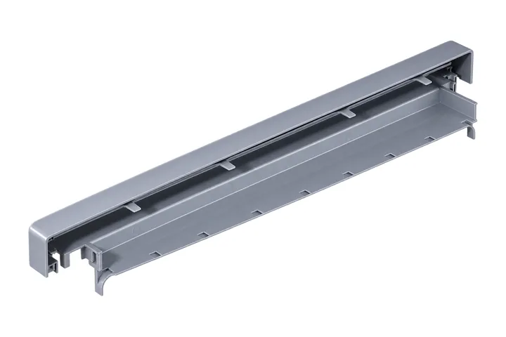 Long gray molded plastic cover with snap-fit clips