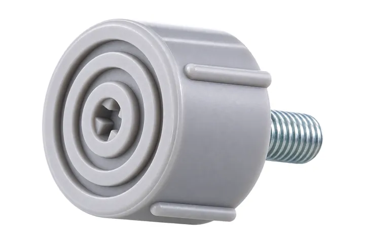 Gray plastic leveling foot with a threaded steel stud