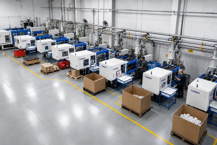 Rows of injection molding machines in a high volume production hall