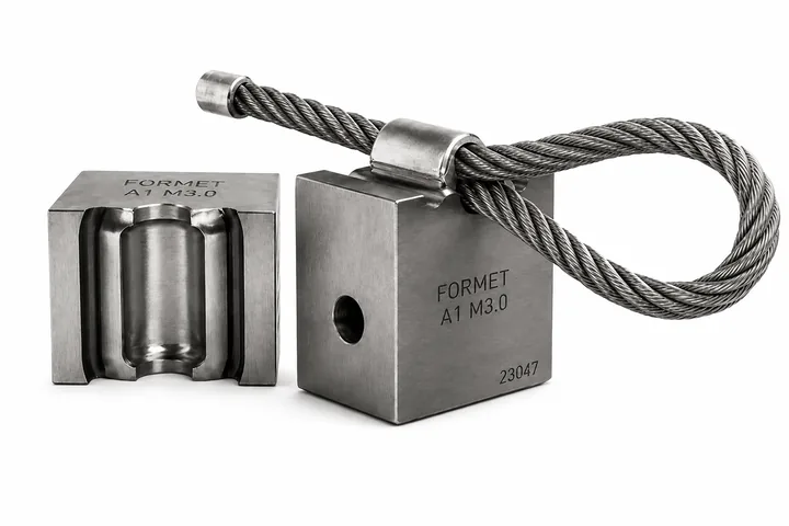 Press swaging die set with a swaged sleeve on steel wire rope