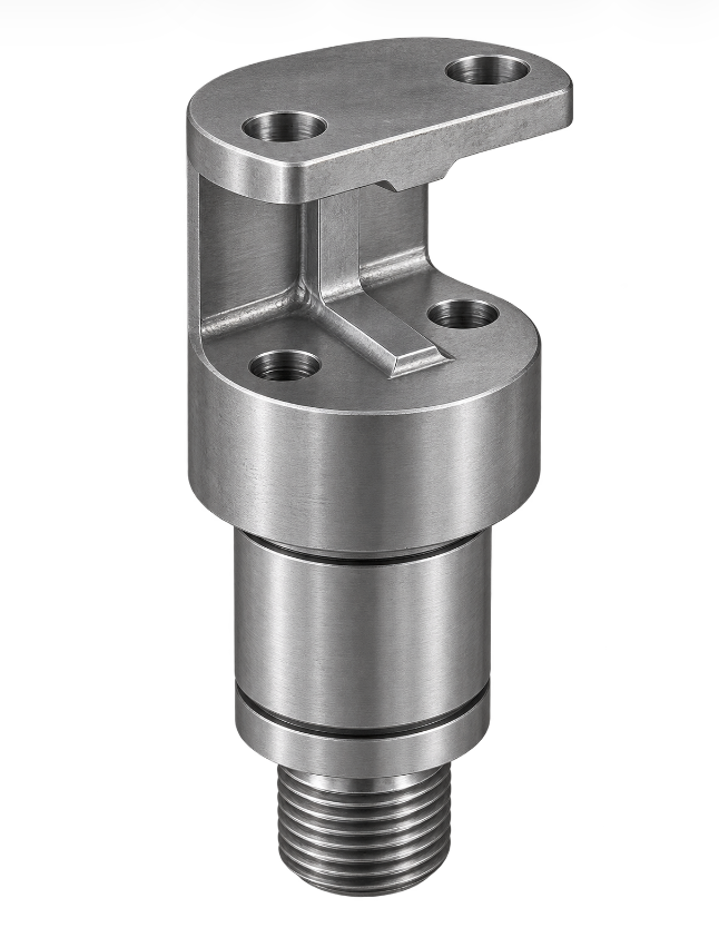 Turned and milled steel pivot shaft with mounting flange and threaded end
