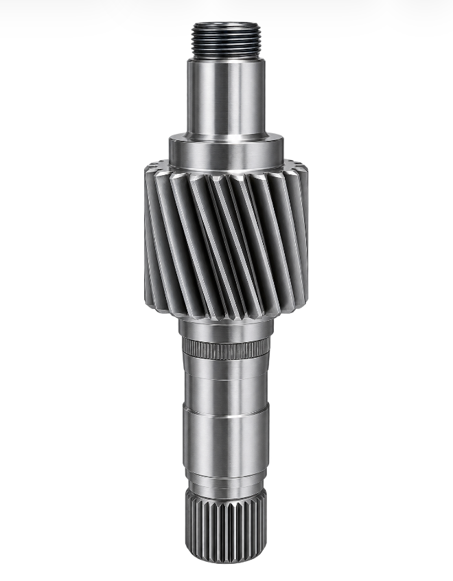 Helical gear shaft with splined end and threaded journal