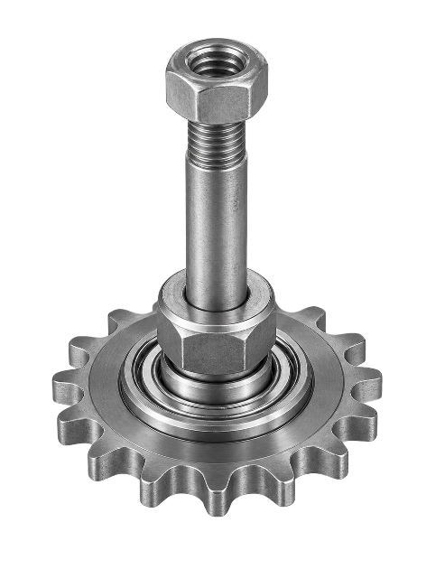 Idler sprocket with bearing, threaded shaft and hex nuts