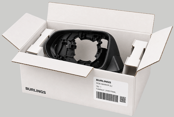 Side mirror component packaged for shipment