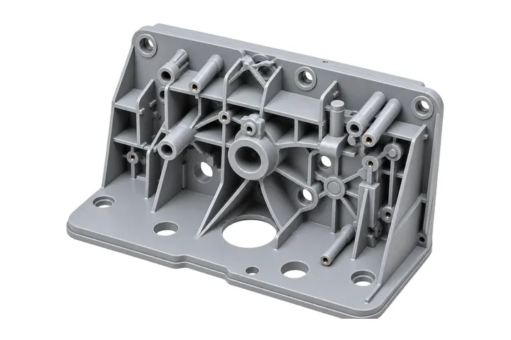 Gray ribbed plastic mounting bracket with molded bosses