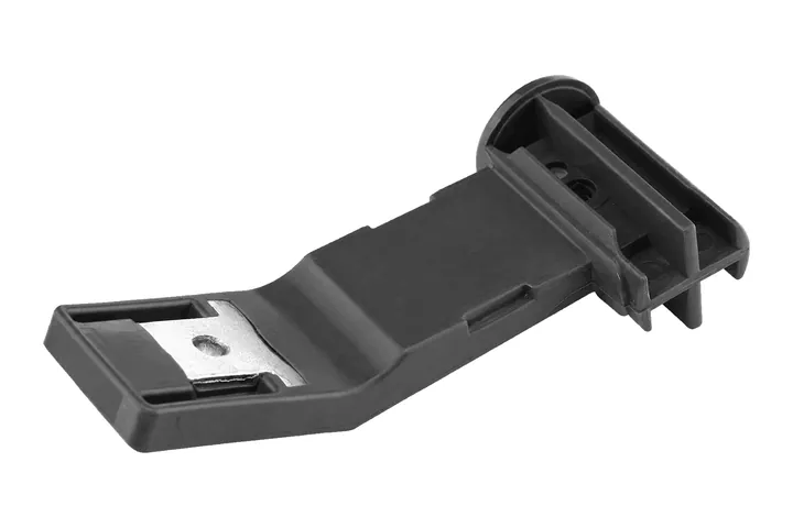 Black molded plastic bracket with a stamped metal insert