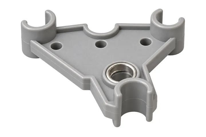 Gray molded cable spreader with three clips and a metal eyelet