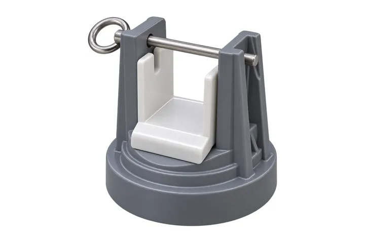 Gray molded base with a white cradle and a removable steel pin