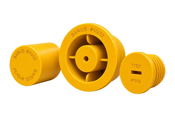 Yellow molded plastic thread caps and plugs