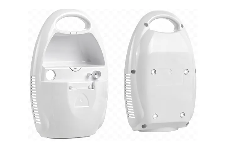 White molded device housing with a carry handle, front and back views