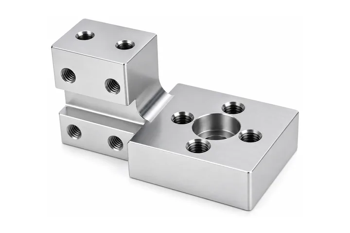 CNC-machined stepped mounting block with tapped holes and a central bore