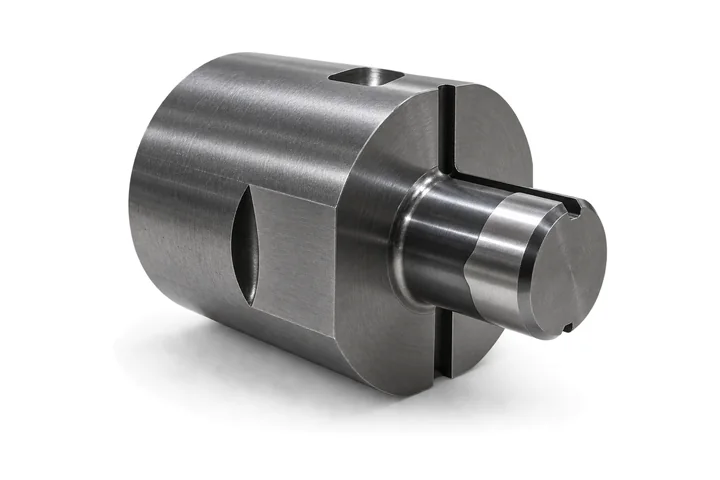Turned and milled steel adapter with a slotted face and flats