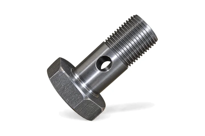 Machined hollow banjo bolt with hex head