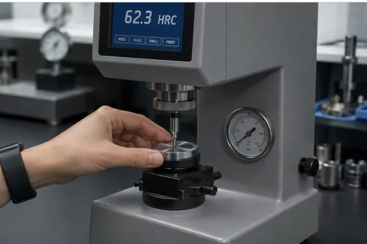 Rockwell hardness tester reading 62.3 HRC on a steel sample