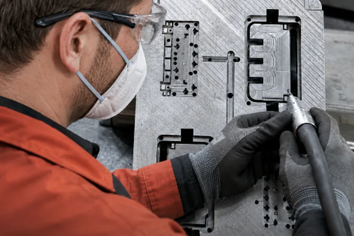 Toolmaker finishing an injection mold cavity with a hand-held rotary tool