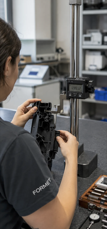 Inspector measuring a molded part with a digital height gauge – OEM manufacturing – FORMET