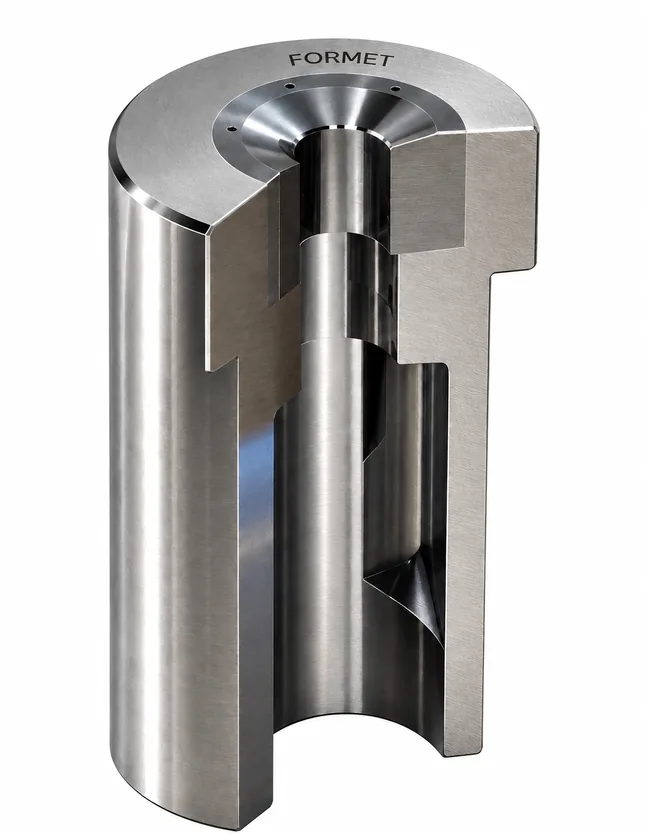 Cutaway of a machined steel die body showing internal bores