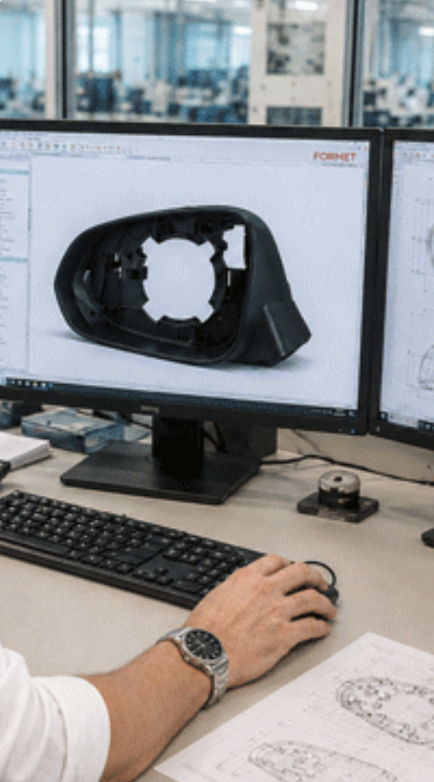 Contact FORMET – engineer reviewing a 3D CAD model of a molded plastic housing with technical drawings at a design workstation