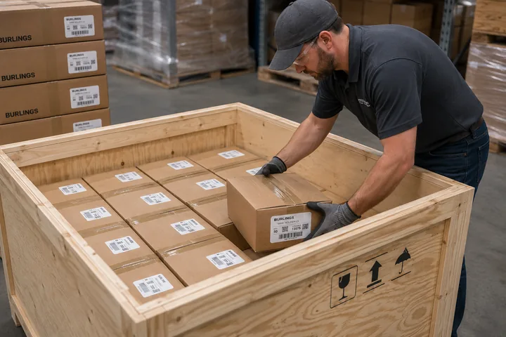 Labeled cartons being packed into a wooden shipping crate