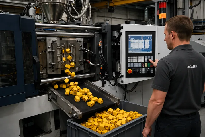 Operator at an injection molding machine as molded parts drop onto a conveyor
