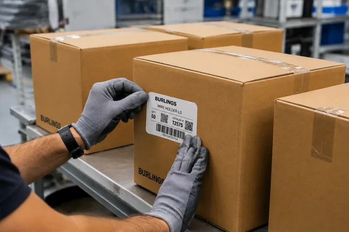 Worker applying a barcode label to a shipping carton