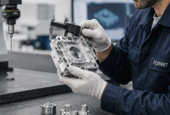 Inspector measuring a CNC-machined aluminium housing with a digital caliper beside a CMM – final inspection before delivery